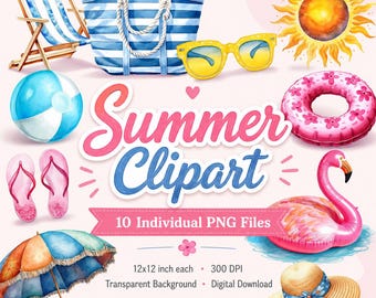 Pacote de imagens PNG de verão, conjunto de imagens de praia, gráficos para festa na piscina, imagens de verão em aquarela, download digital para férias tropicais, sublimação.