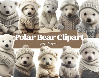 Polar Bear Clipart, Polar Bear in Jumper Clipart, Polar Bear Clipart Bundle, Polar Bear Digital Image, Nursery Wall Art, Commercial Use