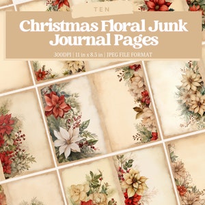 Páginas florais de Natal Junk Journal, download digital, livro de recortes, para impressão, kit Digi Vintage Junk Journal, diário, Natal, flores, buquê