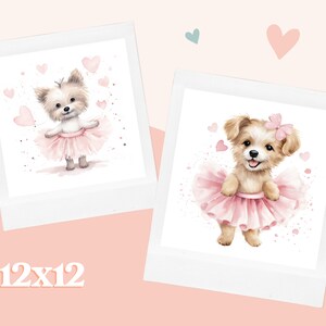 May include: Two watercolor illustrations of dogs wearing pink tutus and smiling. The dogs are surrounded by pink hearts and glitter. The illustrations are framed in white and have a white background.