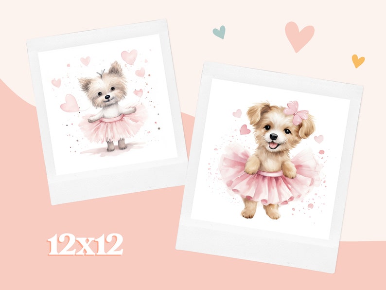 May include: Two watercolor illustrations of dogs wearing pink tutus and smiling. The dogs are surrounded by pink hearts and glitter. The illustrations are framed in white and have a white background.