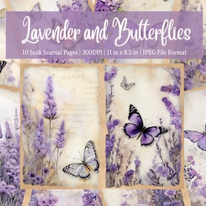 Lavender and Butterflies Junk Journal Kit, Vintage Ephemera Journal, Digi Journaling, Scrapbooking Printable Collage Sheet, Instant Download