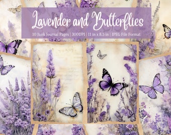 Lavender and Butterflies Junk Journal Kit, Vintage Ephemera Journal, Digi Journaling, Scrapbooking Printable Collage Sheet, Instant Download