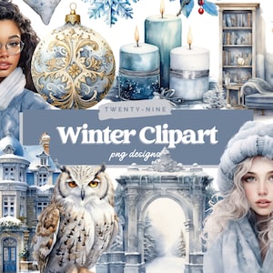 Aquarel Winter Clipart, Sneeuwpop, Winterbos, Kerstman, Kerstmis, Sneeuwvlokillustraties, Instant Download voor commercieel gebruik