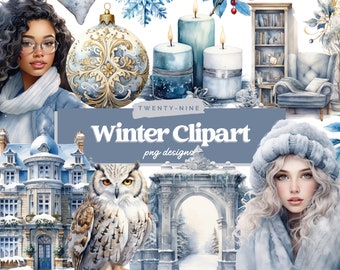 Aquarel Winter Clipart, Sneeuwpop, Winterbos, Kerstman, Kerstmis, Sneeuwvlokillustraties, Instant Download voor commercieel gebruik