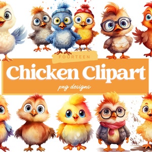 Poulet Clipart Bundle, Poulet PNG, Poulet de dessin animé, Clipart aquarelle, Utilisation commerciale, Graphiques, Conception numérique, Clip Art, Poulets mignons