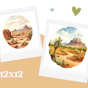 May include: Two watercolour paintings of desert landscapes in a white frame. The first painting shows a desert scene with mountains in the background and a dirt path leading to the mountains. The second painting shows a similar scene with a large cactus in the foreground.