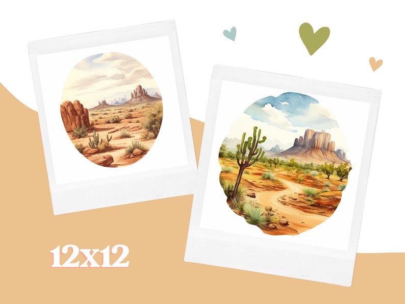 May include: Two watercolour paintings of desert landscapes in a white frame. The first painting shows a desert scene with mountains in the background and a dirt path leading to the mountains. The second painting shows a similar scene with a large cactus in the foreground.