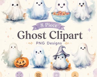 Niedliches Geister-Clipart-PNG-Bundle, Halloween-Geister zum Ausschneiden, Aquarell-Geister-Clipart, Kawaii-Halloween-Grafiken, Gruselige Junk-Journal-Kunst
