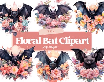 Watercolor Floral Bat PNG Clipart, Commercial Use Illustration Bundle, Digital Design Bundle, Bat PNG, Floral PNG, Bat Sublimation