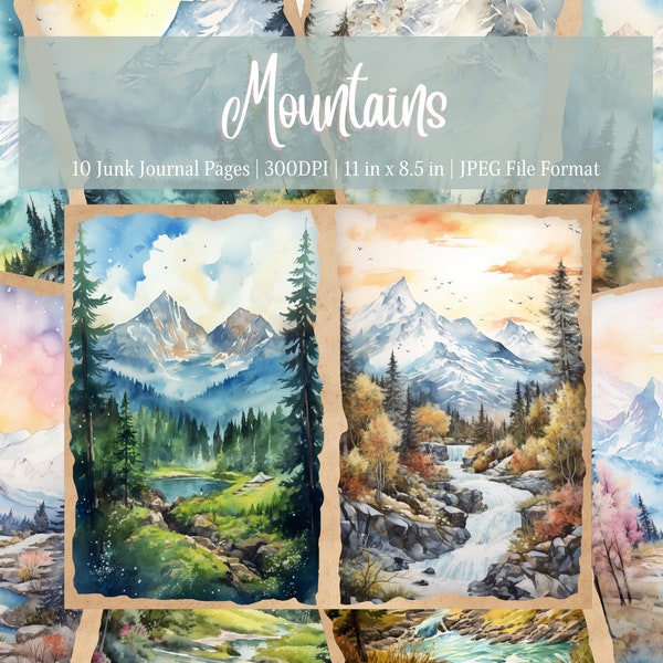 Mountain Junk Journal Pages, Digital Scrapbook Paper Kit, Printable, Collage Sheet, Vintage Ephemera, Landscape, Background, Instant Files