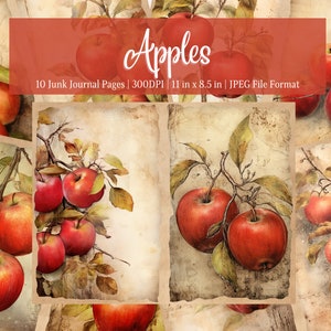Apples Junk Journal Pages, Digital Scrapbook Paper Kit, Fruit Printable, Collage Sheet, Vintage Ephemera, Distressed Fruit Pages, Apple Tree
