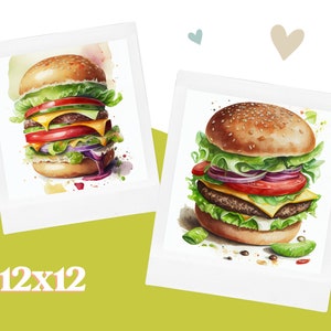 Op de afbeelding: Twee aquarellen van sappige cheeseburgers met sla, tomaat, ui en kaas. De hamburgers staan op witte achtergronden met een label van 12x12 inch.