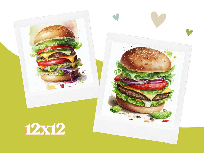 Op de afbeelding: Twee aquarellen van sappige cheeseburgers met sla, tomaat, ui en kaas. De hamburgers staan op witte achtergronden met een label van 12x12 inch.