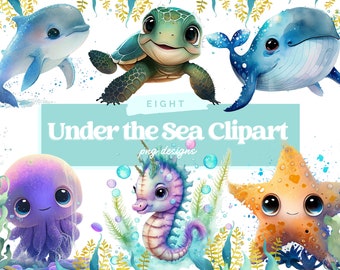 水彩画の海の下のクリップアート - カード作り、スクラップブック、ジャンクジャーナル、ペーパークラフト用のカメの甲羅のPNGデジタル画像のダウンロード