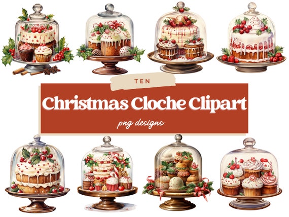 Watercolor Christmas Cloche Clipart, Dessert PNG Bundle, Kawaii Food Clipart, Junk Journal, Digital Paper Craft, Sublimation, Christmas PNG