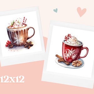 Pode incluir: Duas ilustra&ccedil;&otilde;es de aquarela de canecas de chocolate quente com chantilly e bast&otilde;es de caramelo. As canecas s&atilde;o decoradas com flocos de neve e s&atilde;o colocadas sobre um fundo branco. O texto "12x12" est&aacute; impresso abaixo das imagens.