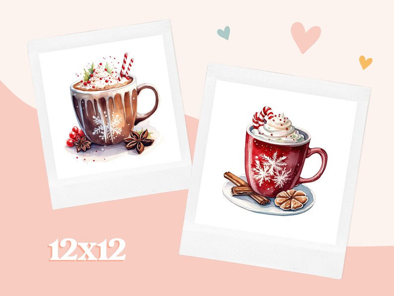 Pode incluir: Duas ilustra&ccedil;&otilde;es de aquarela de canecas de chocolate quente com chantilly e bast&otilde;es de caramelo. As canecas s&atilde;o decoradas com flocos de neve e s&atilde;o colocadas sobre um fundo branco. O texto "12x12" est&aacute; impresso abaixo das imagens.
