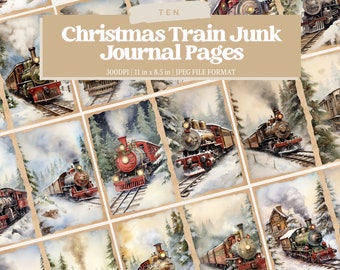 Könnte beinhalten: Zehn digitale druckbare Tagebuchseiten mit Vintage-Aquarell-Illustrationen von Weihnachtszügen in verschneiten Winterlandschaften. Jede Seite ist 11 Zoll mal 8,5 Zoll groß und hat 300 DPI.