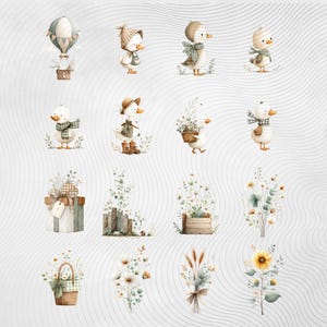 May include: Watercolor illustrations featuring ducks in various poses, some with accessories like scarves and hats. Other illustrations include a hot air balloon, gift box, floral arrangements, and a basket. The color palette is soft, with muted greens, browns, and creams.