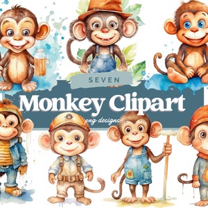 Monkey Watercolor Clipart, Monkey PNG, Cute Baby Shower Graphics, Nursery Decor Wall Art, Animal PNG, Commercial Use, Instant Download