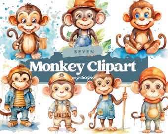 Małpa Akwarela Clipart, Małpa PNG, Urocza Grafiki Baby Shower, Dekoracja Ścienna Do Pokoju Dziecięcego, Zwierzę PNG, Użytek Komercyjny, Natychmiastowe Pobieranie