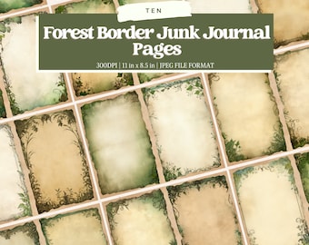 May include: Ten digital printable pages with a forest border design. The pages are beige with a green and brown leafy border. The pages are 11 inches by 8.5 inches and 300 DPI.