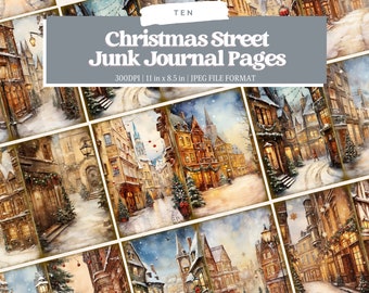 Christmas Street Junk Journal Pages, Vintage Merry Christmas Junk Journal Pages, Santa Scene Junk Journal Printable Paper, Digital Collage