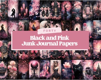 Black Pink Junk Journal Paper, Digital Download, Watercolor, Mixed Media, Flowers, Princess, Swan, Music, Dark, Junk Journal Kit
