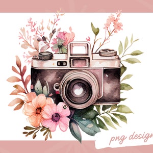 Watercolor Retro Camera Clipart - Vintage floral shabby cameras in PNG format, Instant download for commercial use