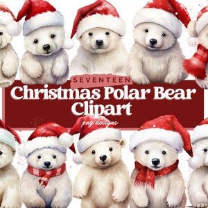 Watercolor Christmas Polar Bear Clipart, Baby Bear PNG, Polar Bear Sublimation, Xmas Bear, Commercial Use, Instant Download, Christmas PNG