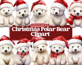 May include: Seventeen watercolor illustrations of adorable polar bear cubs wearing red Santa hats. Some bears are wearing red scarves. The illustrations are perfect for Christmas crafts, cards, and scrapbooking.