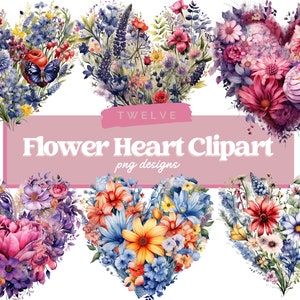 Imágenes prediseñadas de corazón de flores de acuarela, 12 PNG de alta calidad, corazones florales png, flores de corazón, archivos png de corazón de amor, uso comercial, sublimación