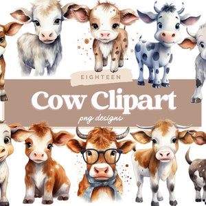 Cow Clipart Bundle, Cow PNG, Cartoon Cow, Watercolor Clipart, Commercial Use Illustrations, Digital Design, Clip Art, Cute Cows, Calf PNG