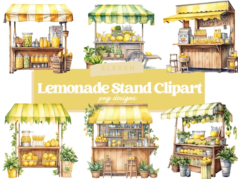 Pu&ograve; includere: Undici illustrazioni ad acquerello di bancarelle di limonata con tende a strisce gialle e verdi, banchi in legno e limoni. Le bancarelle sono decorate con barattoli di limonata, limoni e verde. Il testo "Lemonade Stand Clipart png designs" &egrave; scritto su uno stendardo giallo.