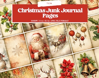 May include: A set of 10 printable Christmas themed junk journal pages in a vintage style. The pages feature illustrations of holly, ornaments, snowflakes, Santa Claus, a reindeer, and a snowman. The pages are 11 inches by 8.5 inches and 300 DPI.