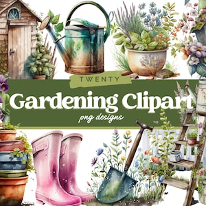 以下が含まれることがあります： ガーデニングをテーマにしたクリップアートのウォーターカラーイラスト20点セット。セットには、小屋、じょうろ、植木鉢、ガーデニングツール、バードハウス、はしごが含まれています。イラストはヴィンテージスタイルで、プロジェクトに遊び心を加えるのに最適です。