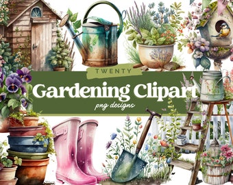 Watercolor spring garden clipart, Spring flowers in pots, Farmhouse spring clipart, Garden boots, Gardening gloves, Plant pots, PNG