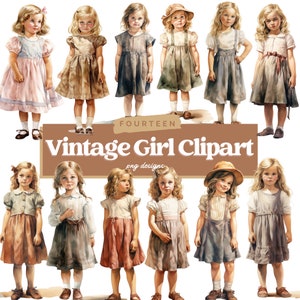 Watercolor Vintage Girl PNG Clipart, Digital Designs, Vintage Boy Sublimation, Commercial Use, Images for Scrapbooking, Digital Planner
