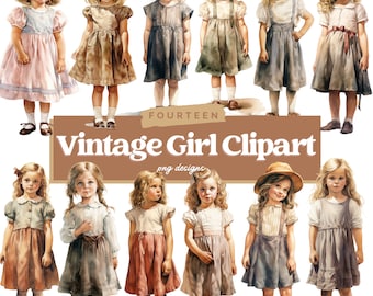 Watercolor Vintage Girl PNG Clipart, Digital Designs, Vintage Boy Sublimation, Commercial Use, Images for Scrapbooking, Digital Planner