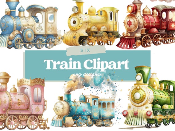 Watercolor Retro Train Clipart. Vintage clipart, retro clip art, boho, png. Summer train clip art. Digital watercolor. Free commercial use