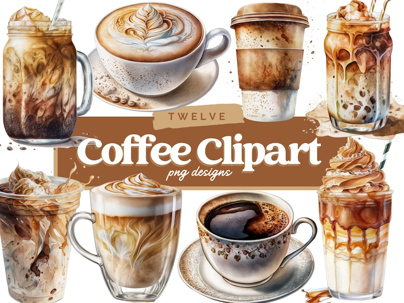 May include: A set of twelve watercolor illustrations of coffee drinks, including iced coffee, latte, cappuccino, and espresso. The illustrations are in a realistic style and feature a variety of toppings and decorations.