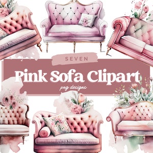 Watercolor Pink Sofa Clipart Bundle, Floral Pink Sofa Clipart, Watercolor Pink Sofa Digital Graphics, Pink Sofa Clipart, Commercial Use