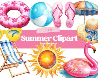 Watercolor Summer CLIPART - Seasonal, Sun, Beach, ice cream, lawn chair, flip flops PNG format instant download for commercial use