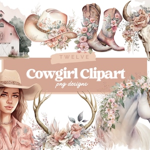Aquarell Pastell Cowgirl Clipart - Wild Western PNG digitale Bild-Downloads für Card Making, Scrapbook, Junk Journal, Paper Crafts