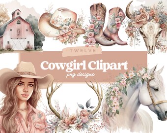 Watercolour Pastel Cowgirl Clipart - Wild Western PNG Digital Image Downloads for Card Making, Scrapbook, Junk Journal, Paper Crafts