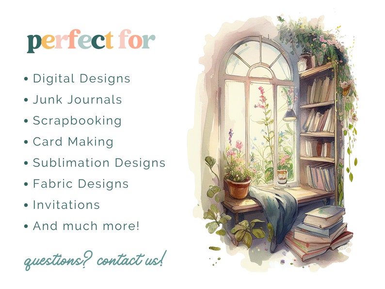 Watercolor Reading Nook Clipart, Floral Window Clipart, Watercolor ...