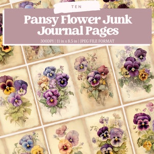 Pansy Junk Journal Kit Vintage Floral Bellissimo diario Carta digitale Scrapbooking Pansies Pagine squallide stampabili colorate Download istantaneo