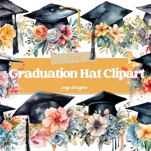 Watercolor Floral Graduation Hat Clipart, Graduation Clip Art, Floral Hat Clipart, Floral PNG, Clipart Elements, Commercial Use