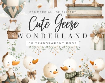 Clipart de ganso rústico em aquarela, Ganso bobo PNG, Decoração de berçário boho, Clip Art de chá de bebê, Uso comercial de cottagecore vintage de primavera